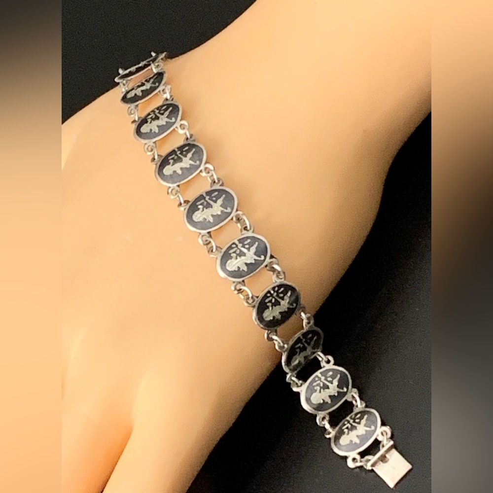 RARE - Vintage SIAM Sterling Silver 925 Enameled Panel Bracelet  6”